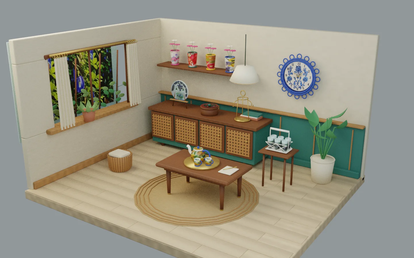 An illustrative tea corner with a floral tea set, linen curtains, a garden window and a warm pendant lamp.